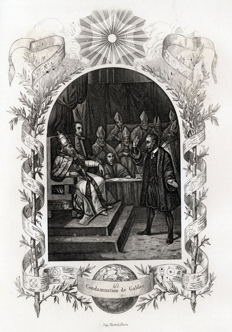 Galilea (tai Galileo Galilei (1564-1642)) Vatikaanin pyhän viran edessä"" Inkvisitiotuomioistuin tuomitsi tähtitieteilijän vuonna 1632. Maurice Lachatren (1814-1900) paavien historiaa havainnollistava kaiverrus, librairie du progress, Pariisi. tekijältä French School