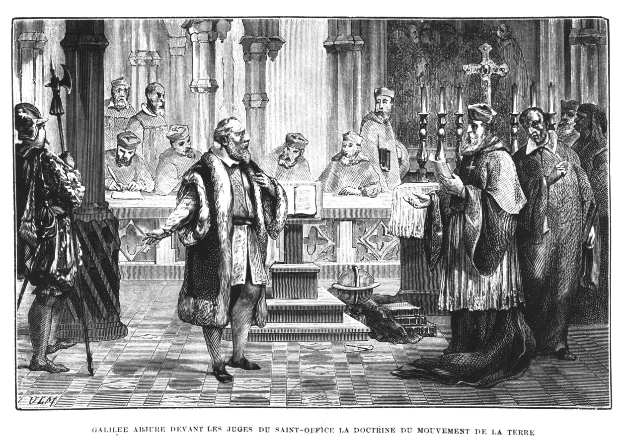 Galileo (1564-1642) peruuttaa teoriansa maan liikkeestä Pyhän viran tuomareiden edessä tekijältä French School