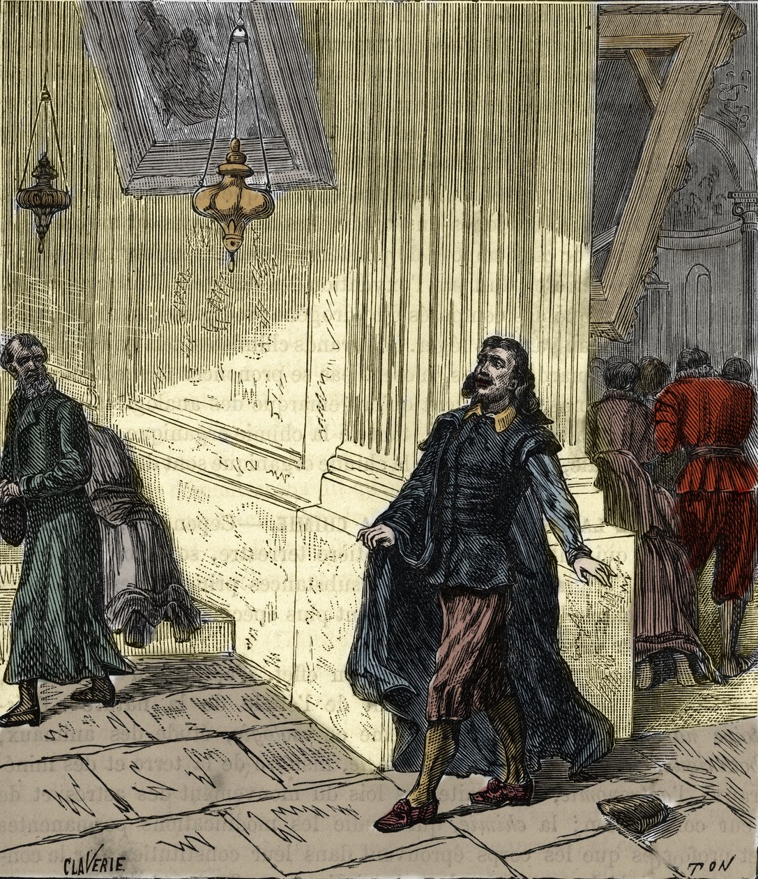 Galileo Galilei (1564-1642), italialainen tiedemies, havainnoi heilurimaista lampun heilumista Pisan katedraalissa Italiassa vuonna 1582 - Galileo Galilei dit Galilee (1564-1642) tarkkailee Pisan katedraalin lampun heilahtelua 1582 - Kaiverrus i tekijältä French School