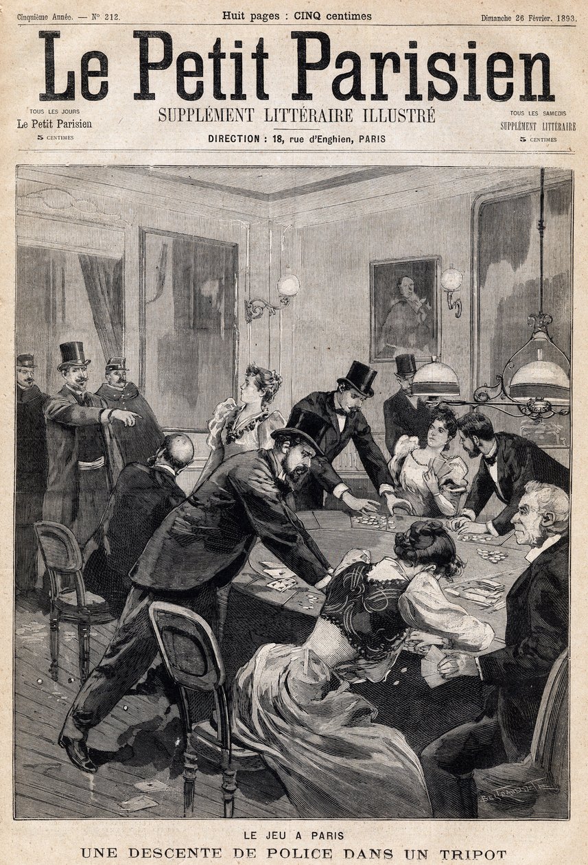 Pelitalo Pariisissa: Poliisiratsia uhkapelikerhoon (kasino). Yksi sanomalehdestä "Le Petit Parisien" 26.2.1893 (kaiverrus) tekijältä French School