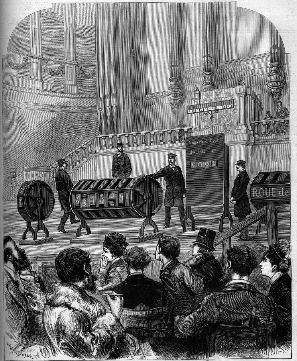 Onnenpeli: National Lottery -arvontaan Trocaderon juhlasalissa 6. tammikuuta 1879 Pariisissa. Kaiverrus "" Le Monde Illustré" -julkaisussa nro 1140, 1. helmikuuta 1879. tekijältä French School