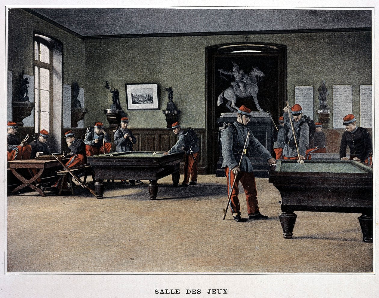 Pelihuone: sotilaat pelaavat biljardia ja - "Album militaire" -jalkaväestä tekijältä French School