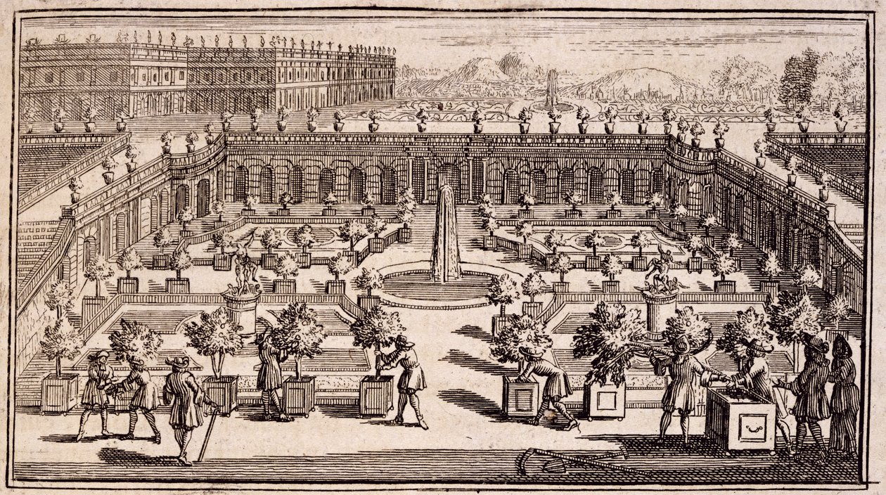 Puutarhurit työskentelevät appelsiinipuutarhassa, Le Parfait Jardinier, ou Instruction pour les Jardins Fruitiers et Potager, Jean de la Quintinye, julkaistu 1695 tekijältä French School