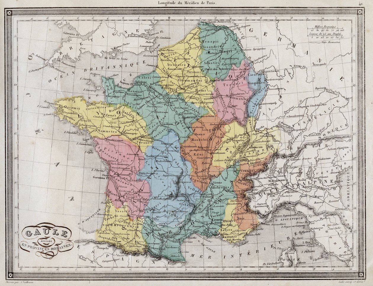 Gallia jaettu roomalaisiin provinsseihin - Vuilleminin "" Antiikin ja modernin maantieteen universaalista kartasta asuinkouluille" - levy otettu - noin. 1845 tekijältä French School