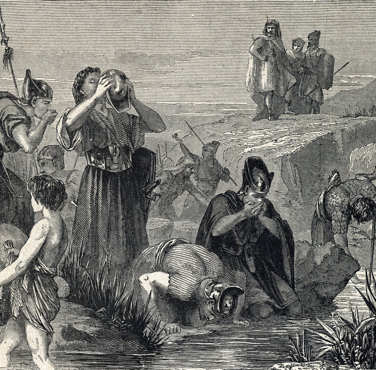Gedeon (Gideon) kutsuu Jumalaa kukistamaan madianilaiset valitsee sotilaansa niiden joukosta, jotka juovat samalla, kun he kantavat vettä suuhunsa (Gideon tai Gedeon valitsee sotilaansa pitäen vain ne, jotka nostivat veden suuhunsa, ja samalla draa tekijältä French School