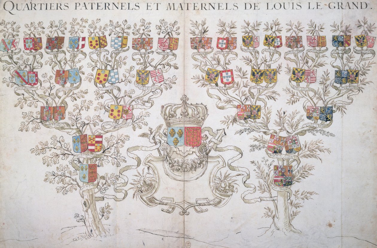 Ludvig XIV:n (1638-1715) sukututkimus, joka osoittaa hänen oikeutensa Ranskan kruunuun, 1643 tekijältä French School