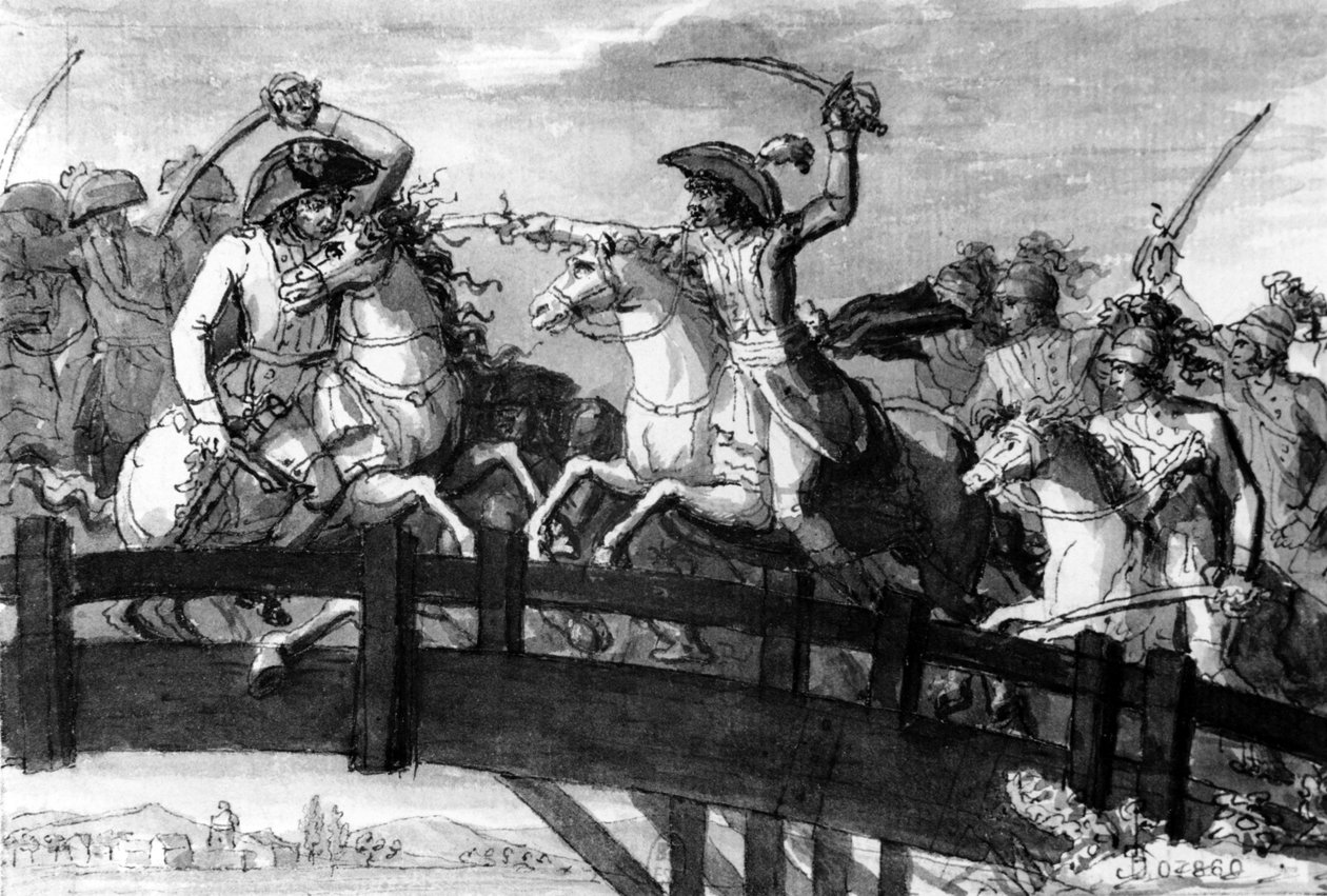 Kenraali Alexandre Dumas, Tirolin Horatius Cocles. tappoi yksin kolme itävaltalaista vastustajaa Clausenin sillalla vuonna 1797, noin 1797 (guassi) tekijältä French School