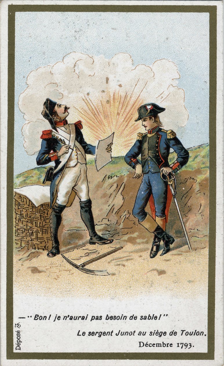Kenraali Jean Andoche Junot (Jean-Andoche) (1771-1813), Abrantesin herttua, joka kirjoitti kirjeen Napoleon Bonapartelle Toulonin piirityksessä joulukuussa 1793. Brittipallo peitti alvs Jugnotin paperin maalla: "No", hän sanoi. "En tarvitse hiekkaa!" tekijältä French School