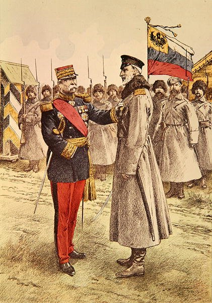 Kenraali Pau antaa ranskalaisen kunniamerkin Venäjän ylipäällikölle, suuriruhtinas Nikolai Suurherttualle. tekijältä French School