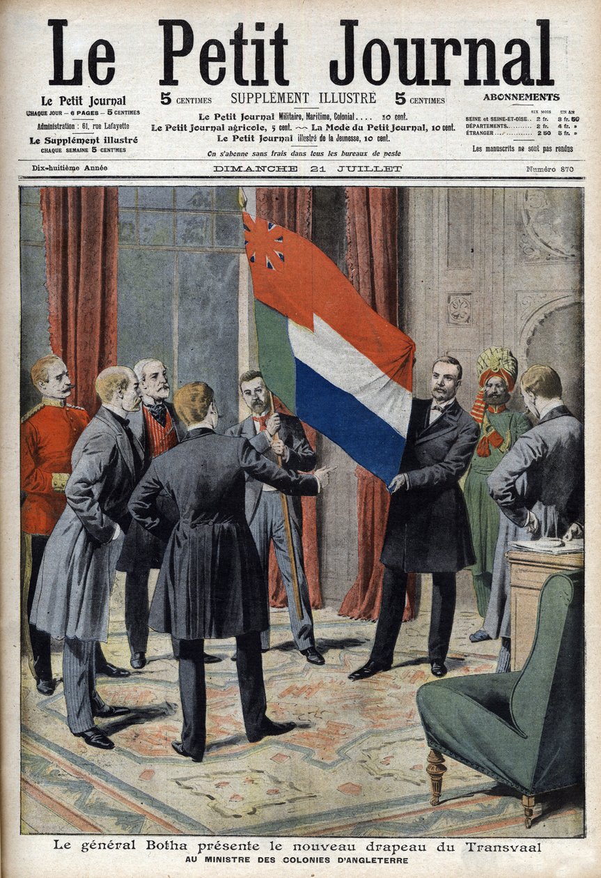 Kenraali Pieter Willem Botha (buuri) esittelee Transvaalin (Etelä-Afrikka) uuden lipun Englannin siirtomaaministerille Lord Elginille - "Le Petit Journalissa" 21. heinäkuuta tekijältä French School