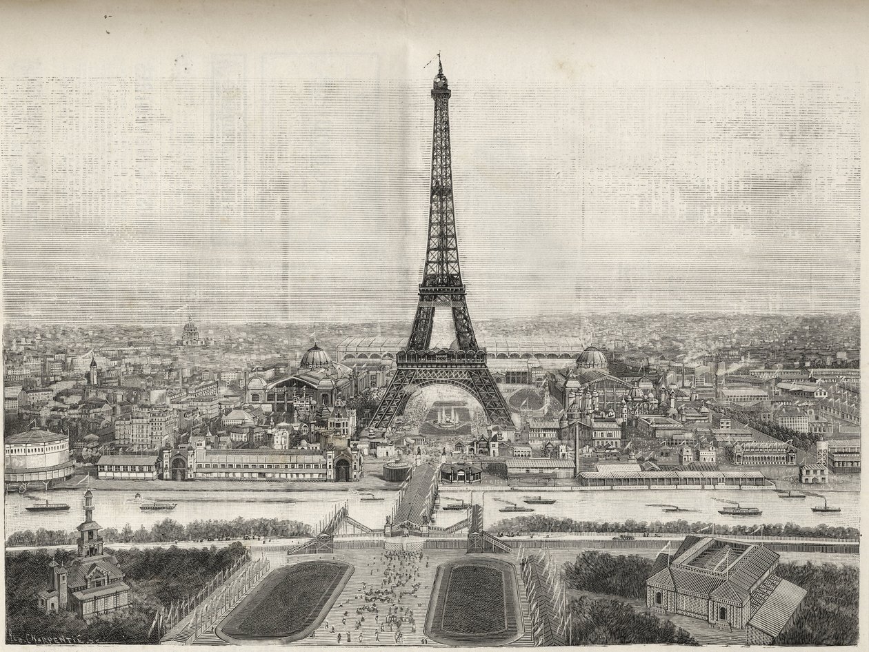 Yleiskuva Pariisin maailmannäyttelystä vuonna 1889 Eiffel-tornilla Trocaderosta, kaiverrus - Yleiskuva Pariisin maailmannäyttelystä vuonna 1889 Eiffel-tornilla, kaiverrus Le Mondessa illustrious de 1889 tekijältä French School