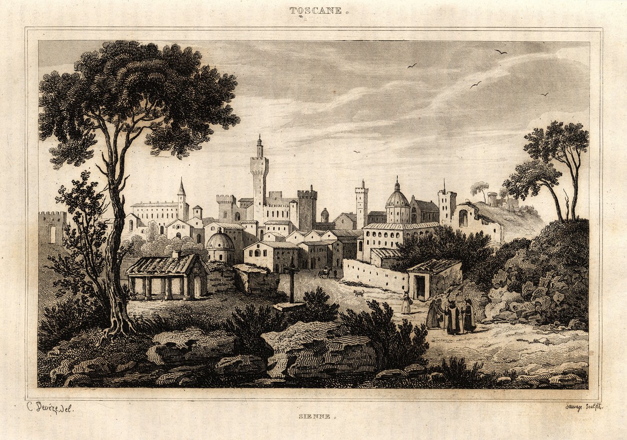 Yleiskuva Sienasta (Siena) Toscanassa, C. Devezen kaiverrus kirjaimella "Italy viehättävä", Amable Coste -toimittaja tekijältä French School
