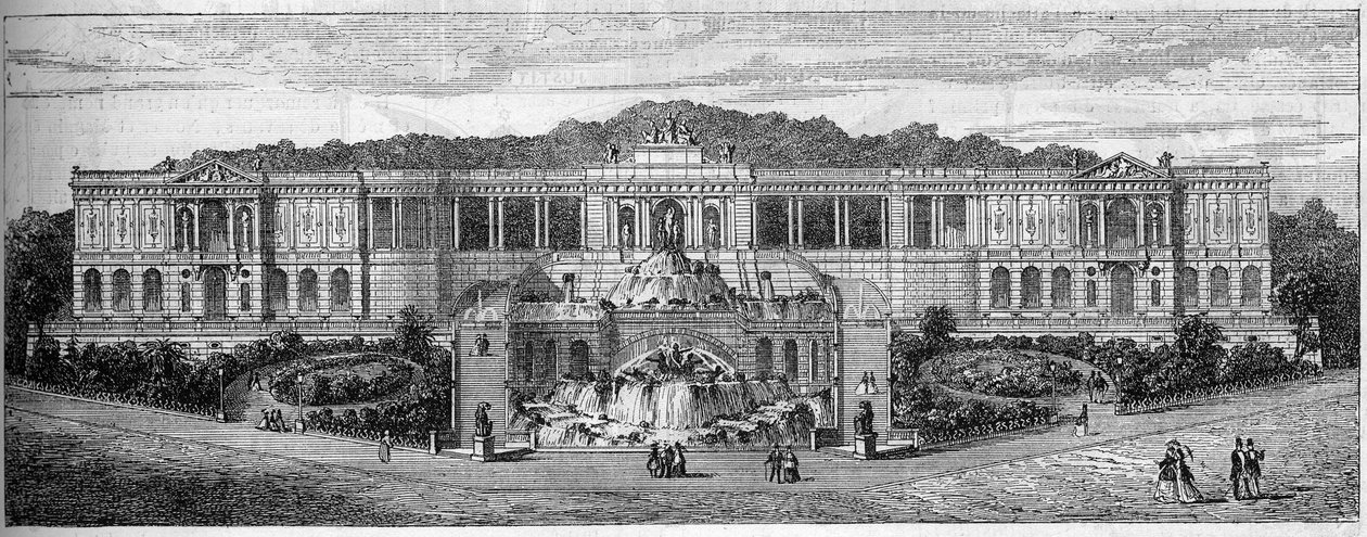 Yleiskuva Palais de Longchampista Marseillessa, Bouches du Rhonessa (13), sellaisena kuin Frederic Auguste Bartholdi (1834-1904) sen oli kuvitellut vuonna 1859. Kaiverrus "" Le Monde Illustré" -julkaisussa nro 681 30. huhtikuuta tekijältä French School