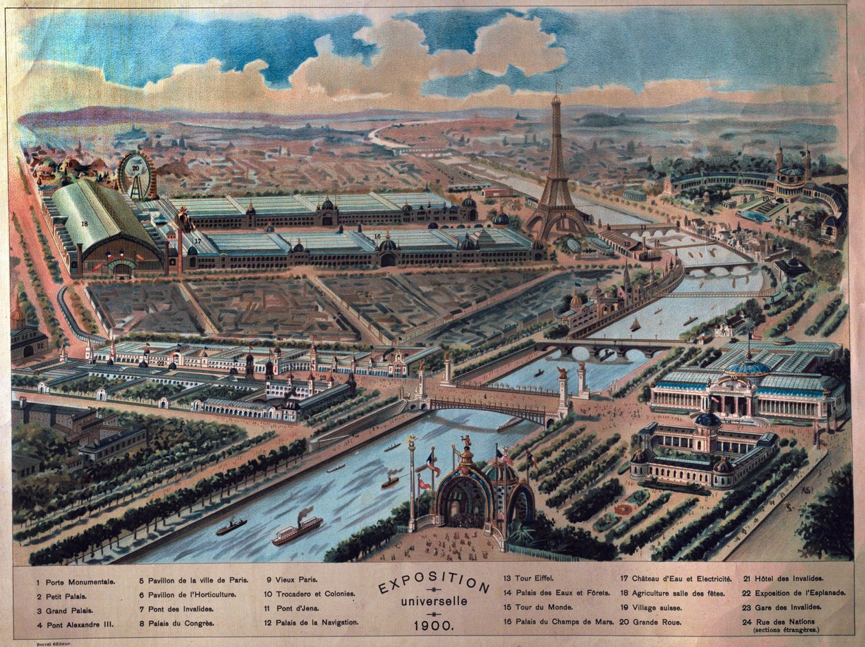 Yleiskuva Pariisin yleisnäyttelystä. Kaiverrus vuodelta 1900. Musee Carnavalet. tekijältä French School