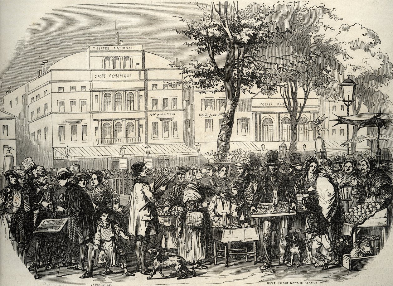 Yleiskuva Boulevard du Templesta Pariisissa - katukauppiaat - Pariisi - Yleisnäkymä Boulevard du Temple -kauppiaille - Kaiverrus "Tableau-de-Paris" Edmond Texier 1852 tekijältä French School