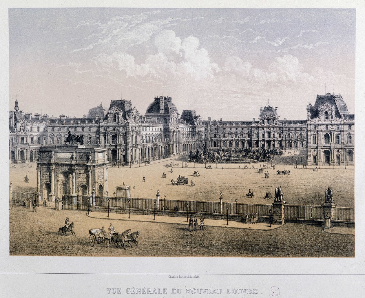 Yleiskuva uudesta Louvresta: Arc du Carrousel - Kaiverrus 1800-luvulta. tekijältä French School