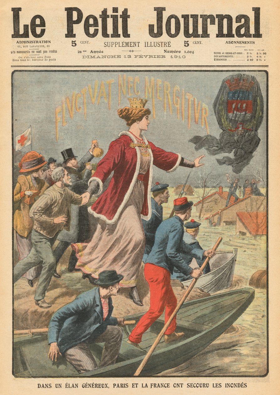 Pariisin kaupungin ja Ranskan anteliaisuus tulvien uhrien pelastamisessa, kuva Le Petit Journalista, liite illustre, 13. helmikuuta 1910 tekijältä French School