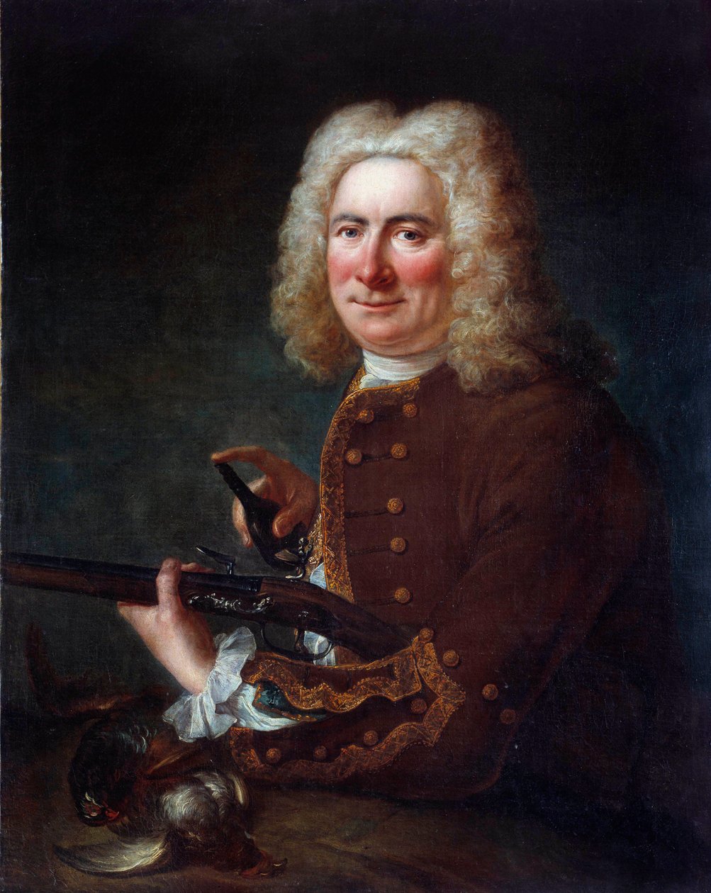 Herrasmies piikiviväärin kanssa. Anonyymi maalaus 1700-luvulta. Gien, Musee de la chasse - Gentleman with flintlock-ase. Anonyymi maalaus 1700-luvulta. Metsästysmuseo, Gien, Ranska tekijältä French School