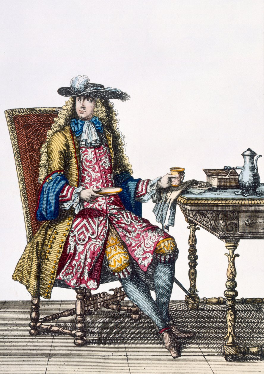 Gentlemans Eaborate Outfit, 1760 88:Herrasmiesten pitkälle kehitetty kirjailtu liivi, takki ja hattu; 99:mies; perinteinen puku; perinteinen asu; muoti; c18th; istuva; vastaanotto; -välilehti tekijältä French School