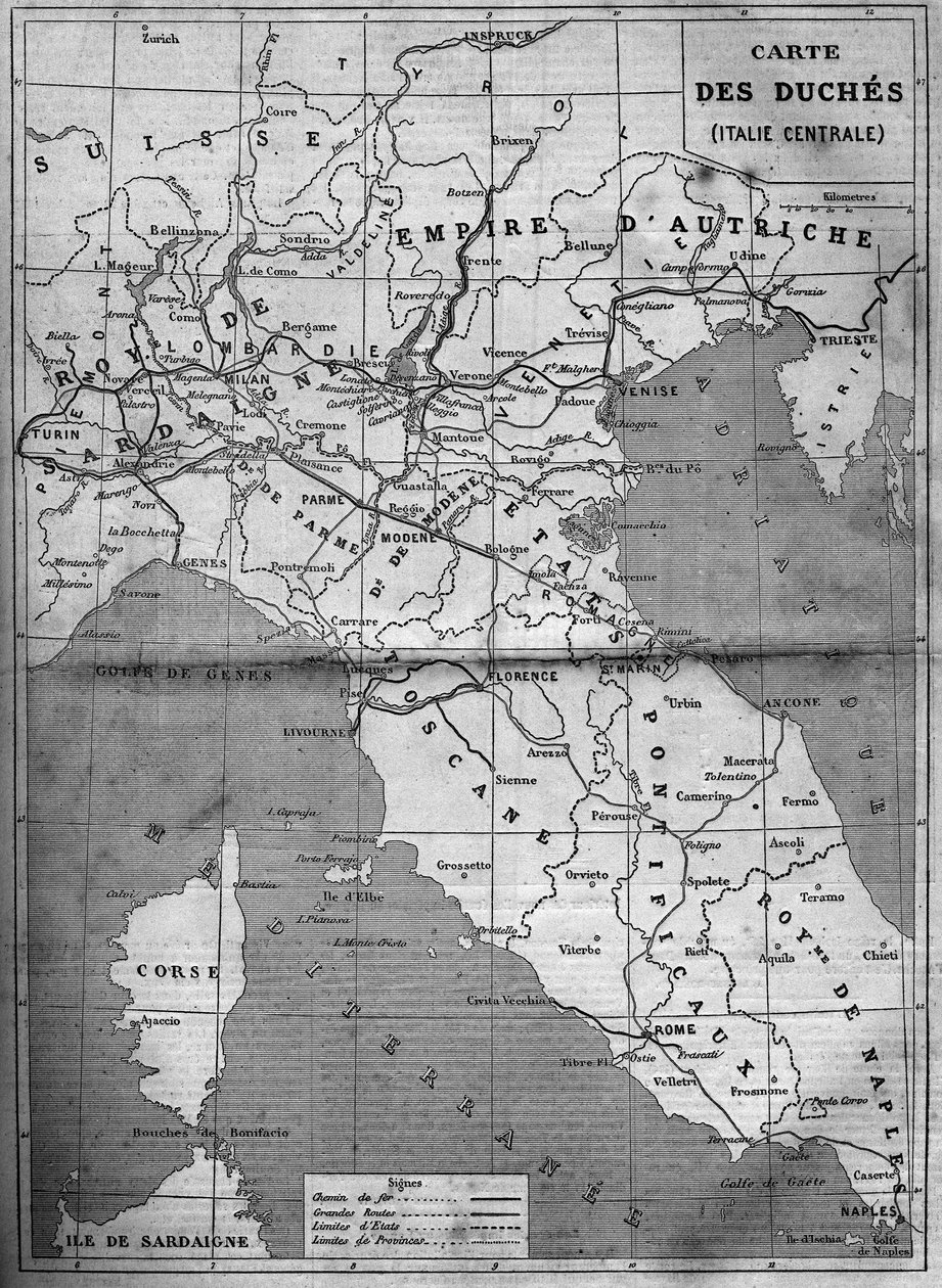 Maantieteellinen kartta Keski-Italian herttuattaresta vuonna 1860. Kaiverrus "" Le Monde Illustré" -julkaisussa nro 143, 7. tammikuuta 1860. tekijältä French School