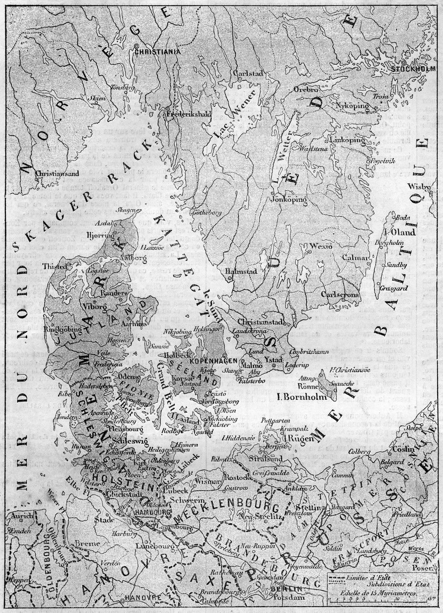 Tanskan maantieteellinen kartta vuonna 1861, Schleswigin, Holsteinin ja Lauenburgin herttuattaren kanssa. Kaiverrus "" Le Monde Illustré" -julkaisussa nro 200, 9. helmikuuta 1861. tekijältä French School