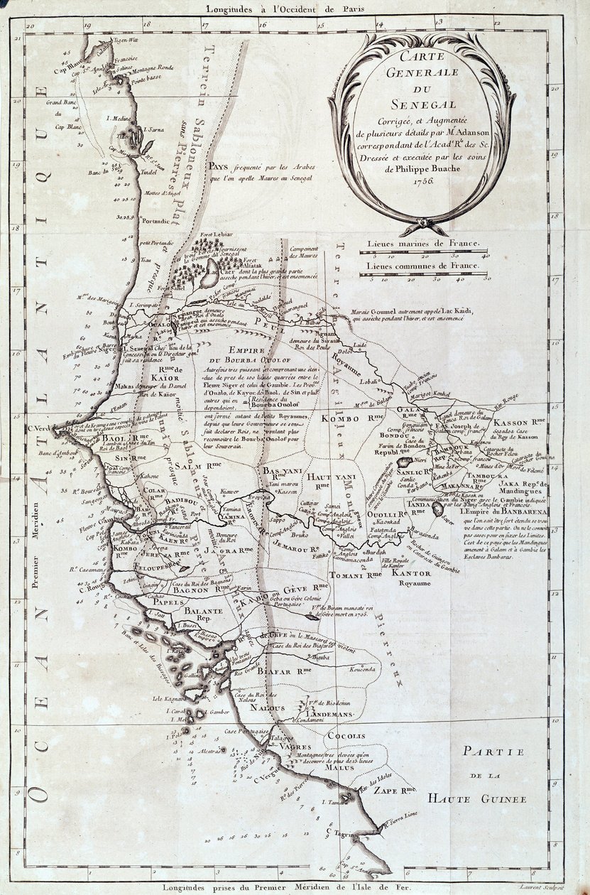 Senegalin maantieteellinen kartta Philippe Buachen (1700-1773) atlasesta 1756 Pariisi, Luonnonhistoriallinen museo tekijältä French School