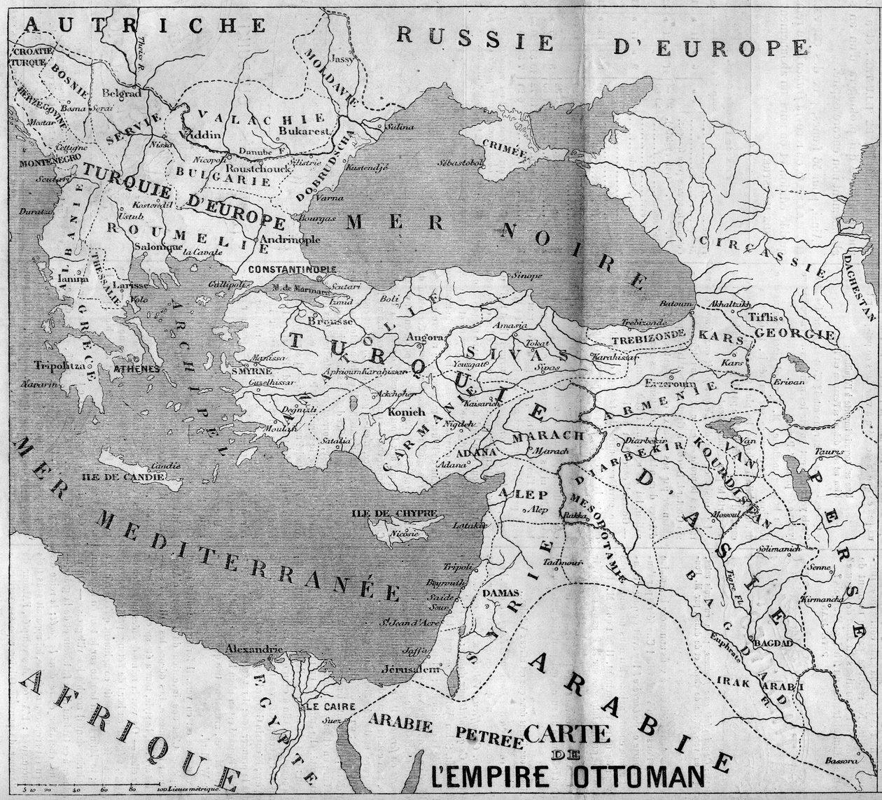 Ottomaanien valtakunnan maantieteellinen kartta vuonna 1860. Kaiverrus "" Le Monde Illustré" -julkaisussa nro 173, 4. elokuuta 1860. tekijältä French School