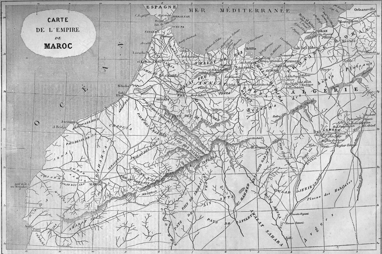 Maantieteellinen kartta Marokon valtakunnasta vuonna 859. Kaiverrus "" Le Monde Illustré" -julkaisussa nro 129, 1. lokakuuta 1859. tekijältä French School