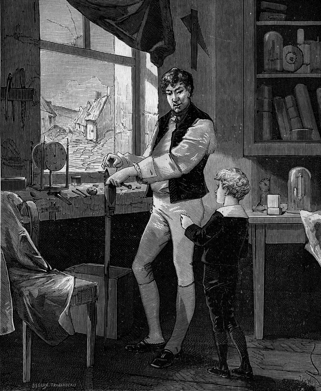 George Stephenson, brittiläinen insinööri (1781-1848) poikansa kanssa. tekijältä French School