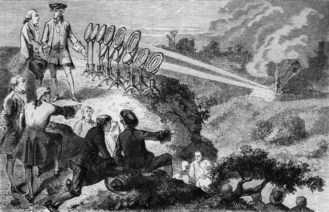 Georges-Louis Leclerc (1707-88) Kreivi de Buffon kokeilee heinäsuovasta heinäsuovasta loistepeilejä Montbardissa, Louis Figuierin teoksesta La Vie des Savants Illustres, joka julkaistiin Pariisissa vuonna 1872 (bw p tekijältä French School