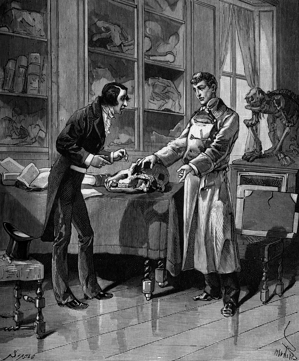 Georges Cuvier (1769-1832), ranskalainen luonnontieteilijä nuoren opiskelijan kanssa. Bitard Adolphen teoksessa "Histoire populaire des sciences, keksintöjä ja löytöjä ensimmäisiltä vuosisadoilta nykypäivään" 1880. tekijältä French School