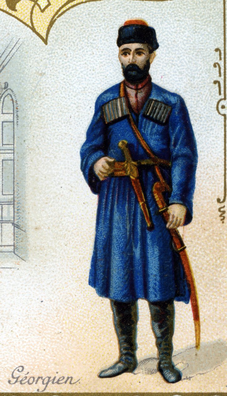Georgialainen mies. Painos Pariisin litografia, 1800-luvun loppu. 25 mainoskromon sarja Dijonin keksien valmistukseen Pernot, luotu vuonna 1869. Yksityiskohta hahmoista perinteisissä puvuissa tekijältä French School