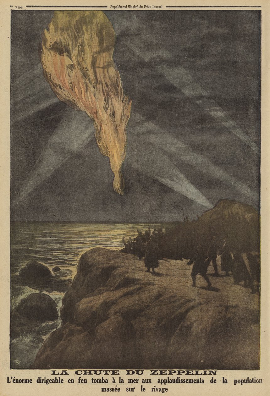 Saksalainen Zeppelin ammuttiin alas ilmatorjunnan tulituksessa ja syöksyi mereen, ensimmäinen maailmansota. tekijältä French School