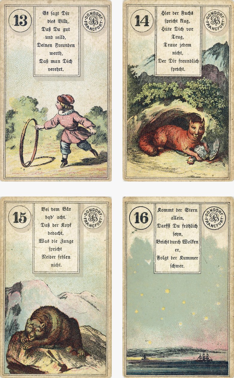 Saksankielinen versio Lenormandin ranskalaisesta cartomancy-paketista: Lapsi, Kettu, Karhu, Tähti, julkaisija Dondorf, Frankfurt, 1800-luku tekijältä French School