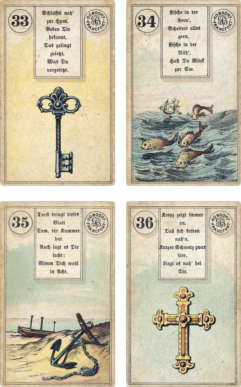 Saksankielinen versio Lenormandin ranskalaisesta cartomancy deckistä: Avain, Kala, Ankkuri, Risti, julkaisija Dondorf, Frankfurt, 1800-luku tekijältä French School