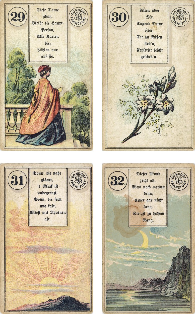 Saksankielinen versio Lenormandin ranskalaisesta cartomancy deckistä: The Lady, The LiliesThe Lily, The Sun, The Moon, julkaisija Dondorf, Frankfurt, 18th Century tekijältä French School