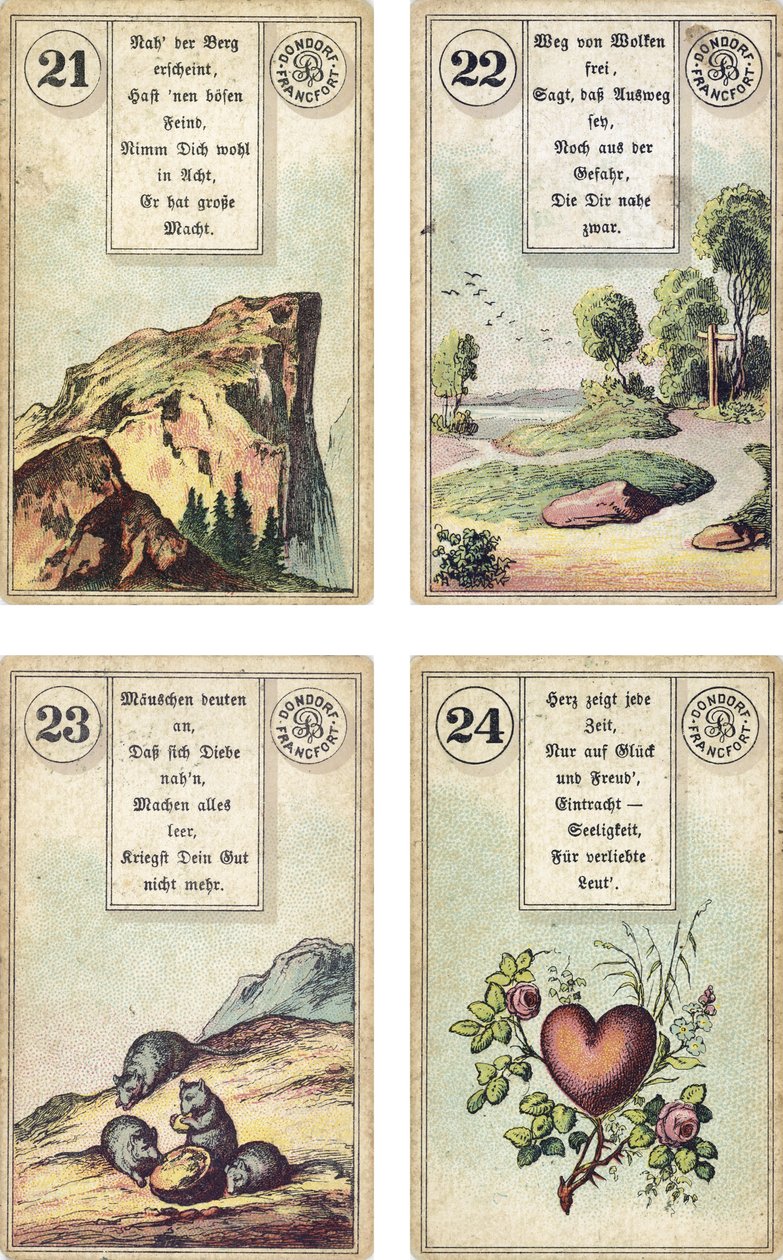 Saksankielinen versio Lenormand-ranskalaisesta cartomancy-paketista: Vuori, Tie, Hiiret, Sydän, julkaisija Dondorf, Frankfurt, 1800-luku tekijältä French School