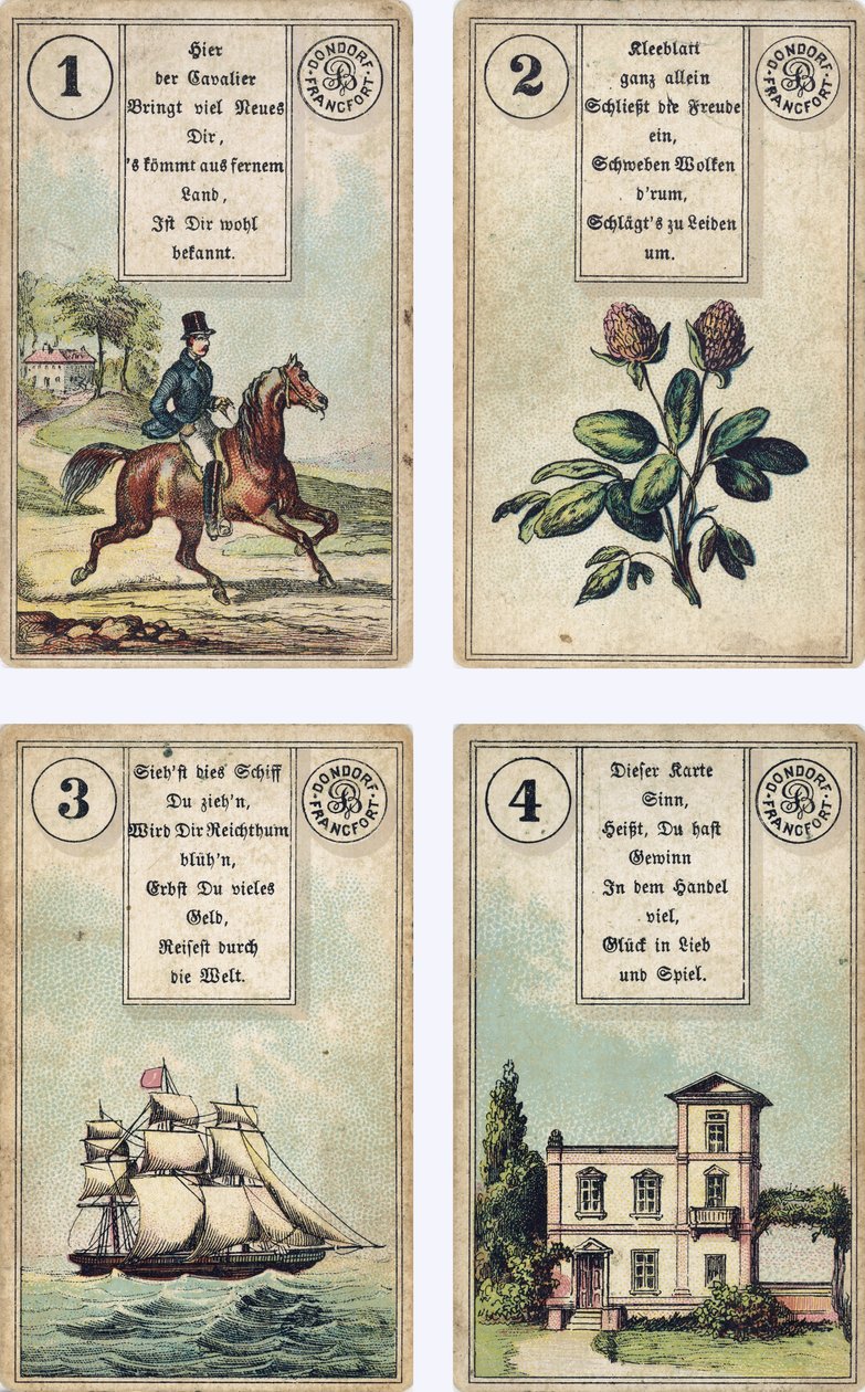 Saksankielinen versio Lenormandin ranskalaisesta cartomancy-paketista: The Rider, The Clover, The Ship, The House, julkaisija Dondorf, Frankfurt, 1800-luku tekijältä French School