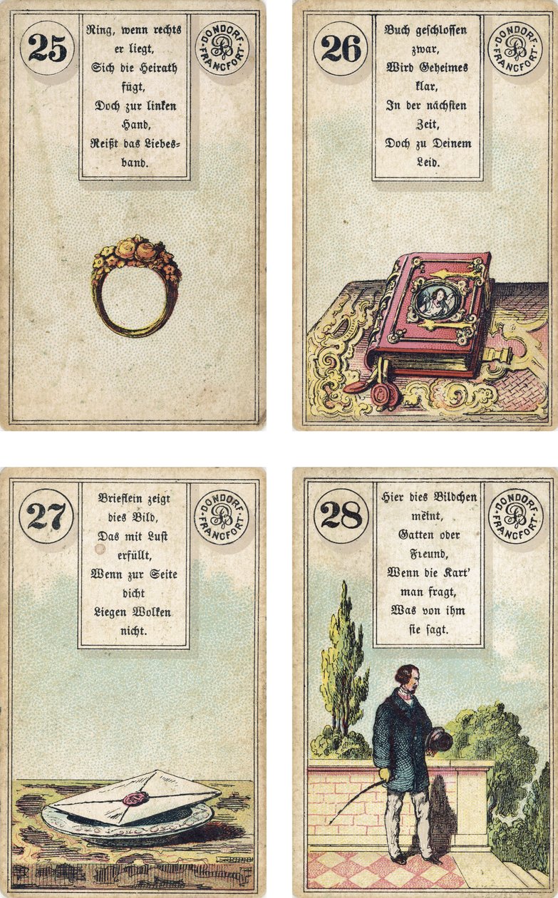 Saksankielinen painos Lenormandin ranskalaisesta cartomancy-paketista: Sormus, Kirja, Kirje, herrasmies, julkaisija Dondorf, Frankfurt, 1800-luku tekijältä French School