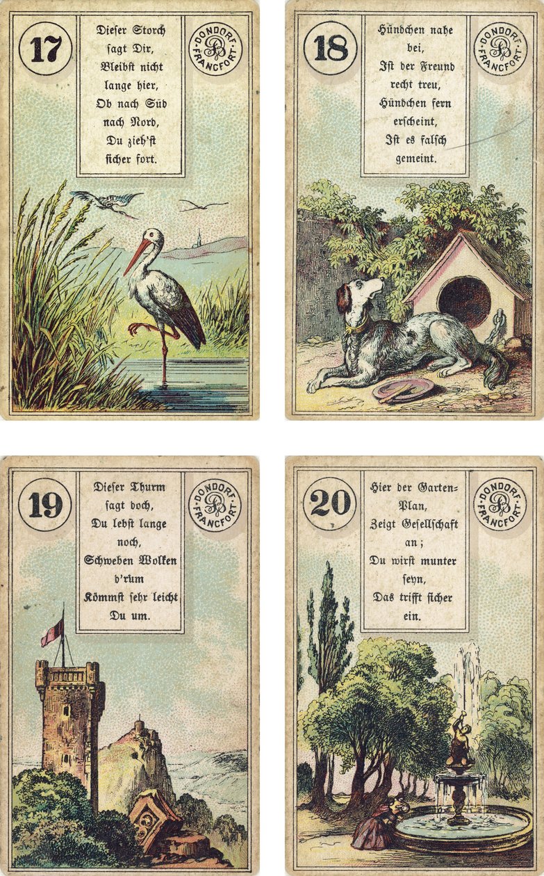 Saksankielinen versio Lenormandin ranskalaisesta cartomancy-paketista: Haikara, Koira, Torni, Puutarha, julkaisija Dondorf, Frankfurt, 1800-luku tekijältä French School