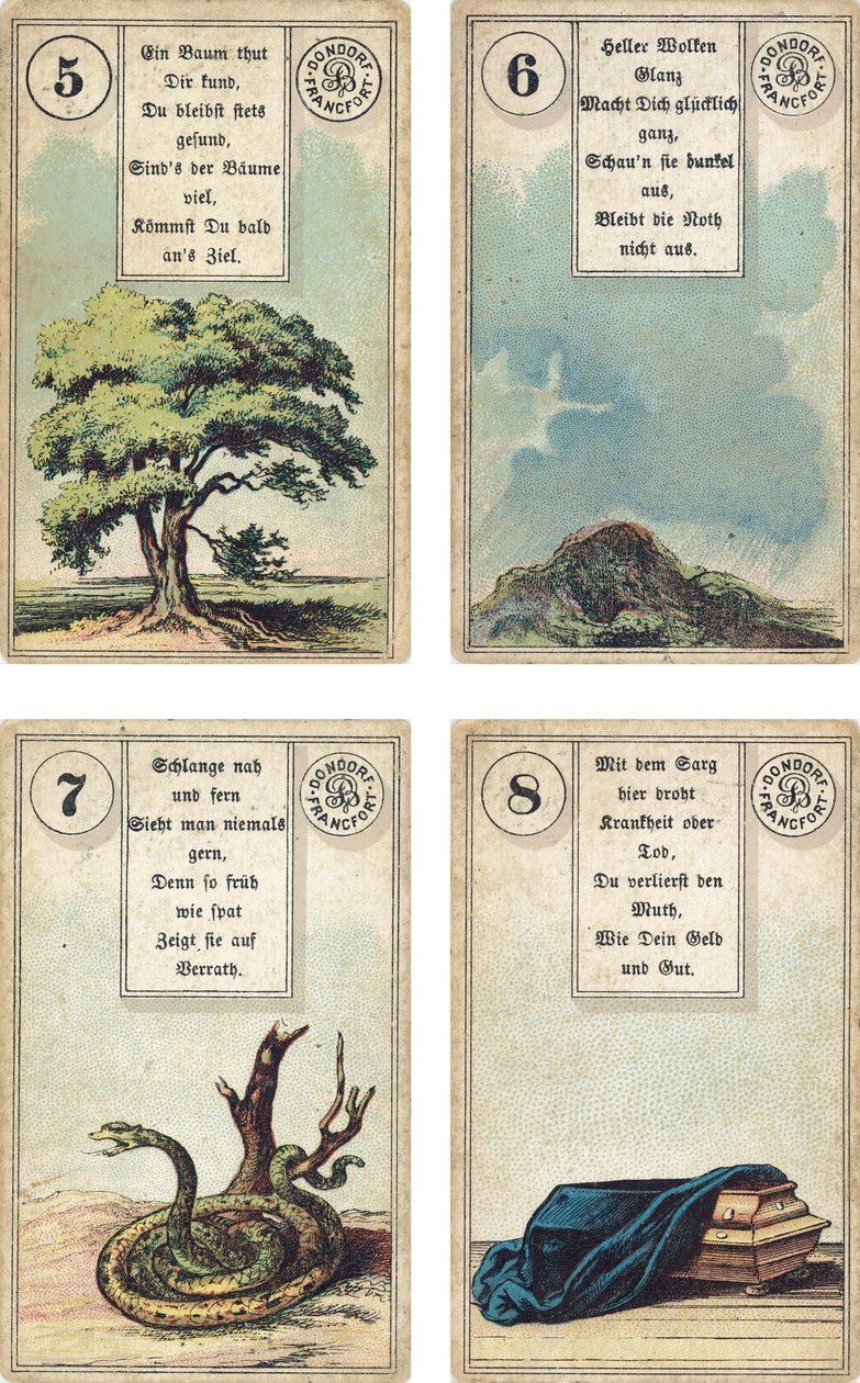 Saksankielinen versio Lenormandin ranskalaisesta cartomancy deckistä: The Tree, The Pilvet, The Snake, The Coffin, julkaisija Dondorf, Frankfurt, 18th Century tekijältä French School