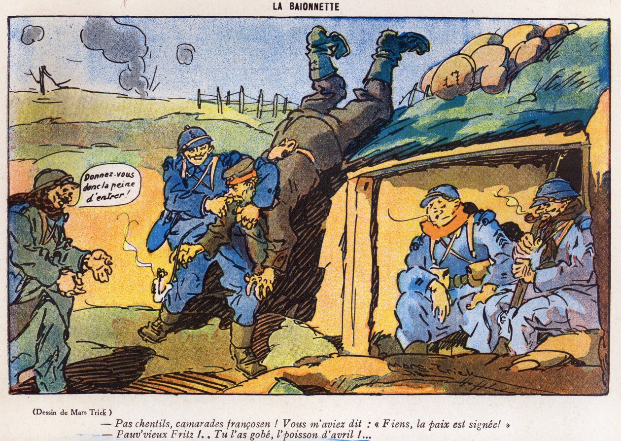 Ranskalaissotilaiden tempun seurauksena vangiksi jäänyt saksalainen sotilas, sarjakuva La Baionette -lehden Aprillipäivän (Poisson dAvril) painoksesta 29. maaliskuuta 1917 tekijältä French School