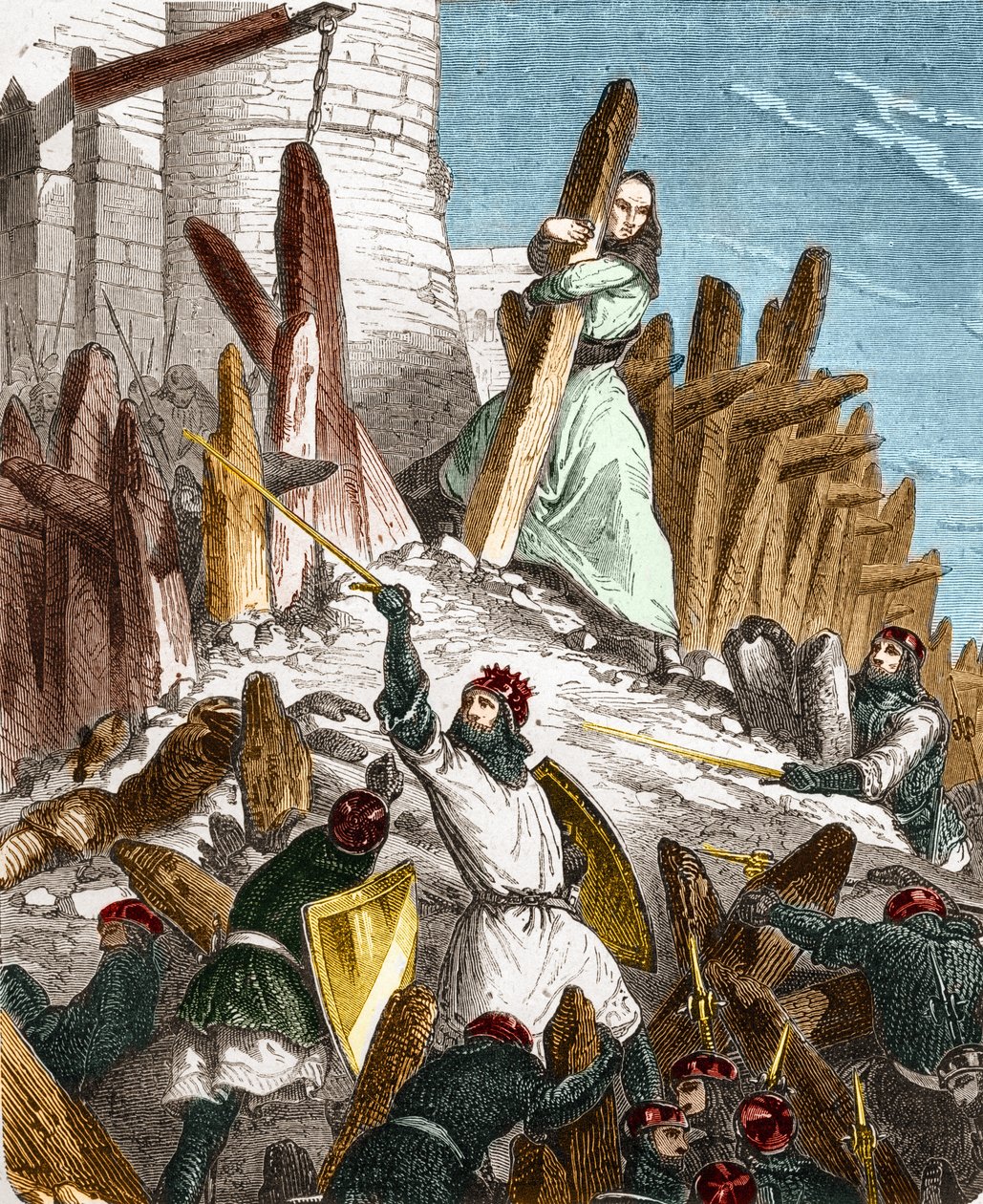 Louis le Grosin Geurre Hugues du Puisetia vastaan: Ranskan kuninkaan LOUIS VI le Grosin joukkojen hyökkäys Chateau du Puisetin (sijaitsee Eure-et-Loirin departementissa) vuonna 1118. Kaiverrus "Histoire De France En" Paul Lehugeurin sata maalausta tekijältä French School