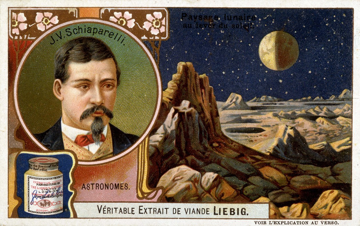 Giovanni Virginio Schiaparelli (1835-1910), italialainen tähtitieteilijä ja kuun maisemakuvaaja - kromolitografia Liébig, n. 1900. tekijältä French School
