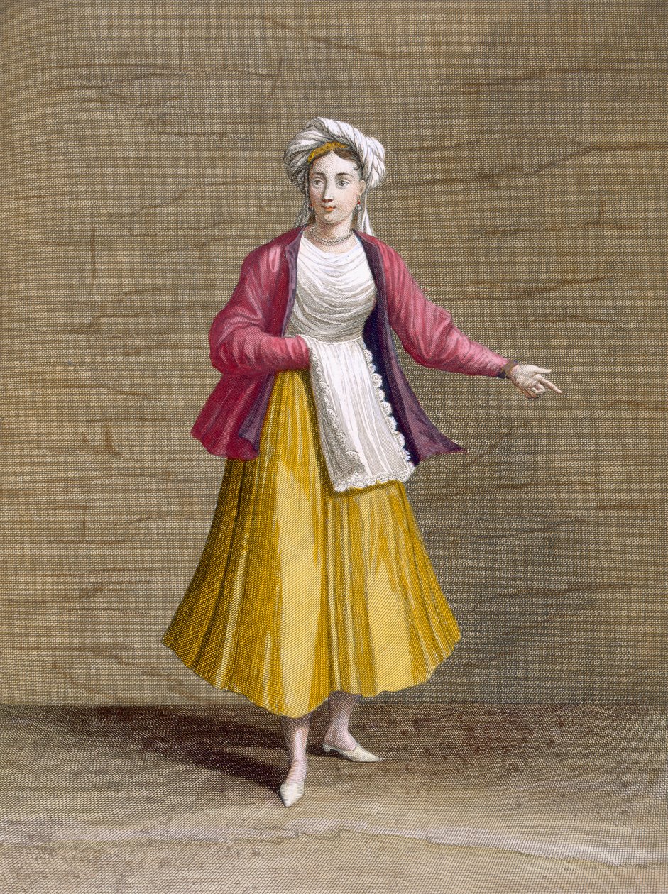 Tyttö St. John of Patmosista, Charles de Ferriolin kokoelmasta Sata Levantin eri kansoja edustavaa vedosta, kaiverrus Gerard Scotin (1671-1716), 1707-08 (värillinen eng) tekijältä French School