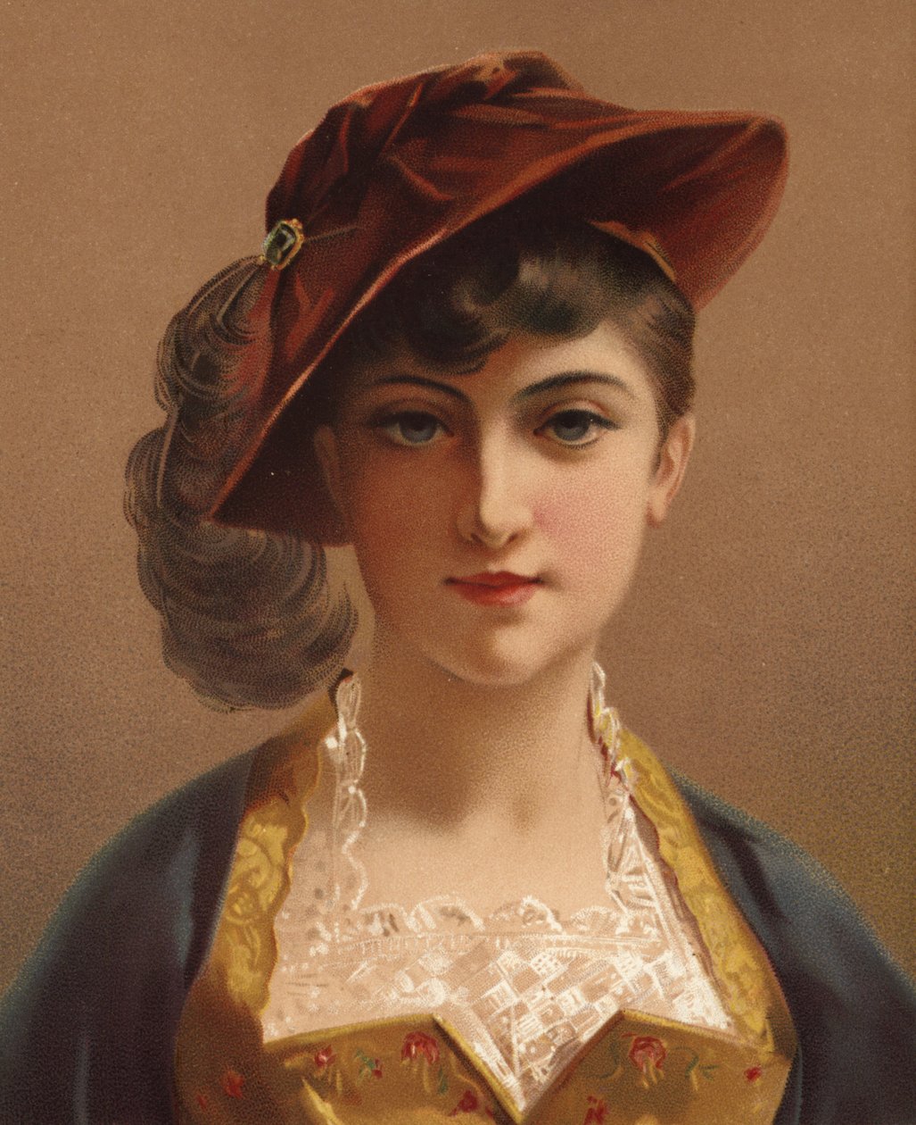 Tyttö punaisessa samettilakissa (chromolitho) tekijältä French School