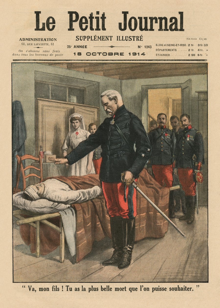 Mene, poikani, sinulla on kaunein kuolema kuin kukaan voi toivoa, etukannen kuvitus Le Petit Journalista, liitekuva, 18. lokakuuta 1914 tekijältä French School