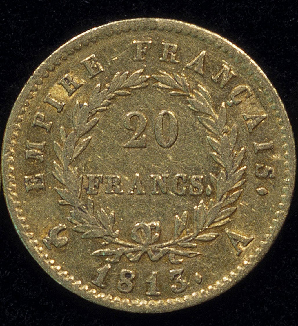 20 frangin kultakolikko (Napoleon) vuodelta 1813. takaisin. tekijältä French School