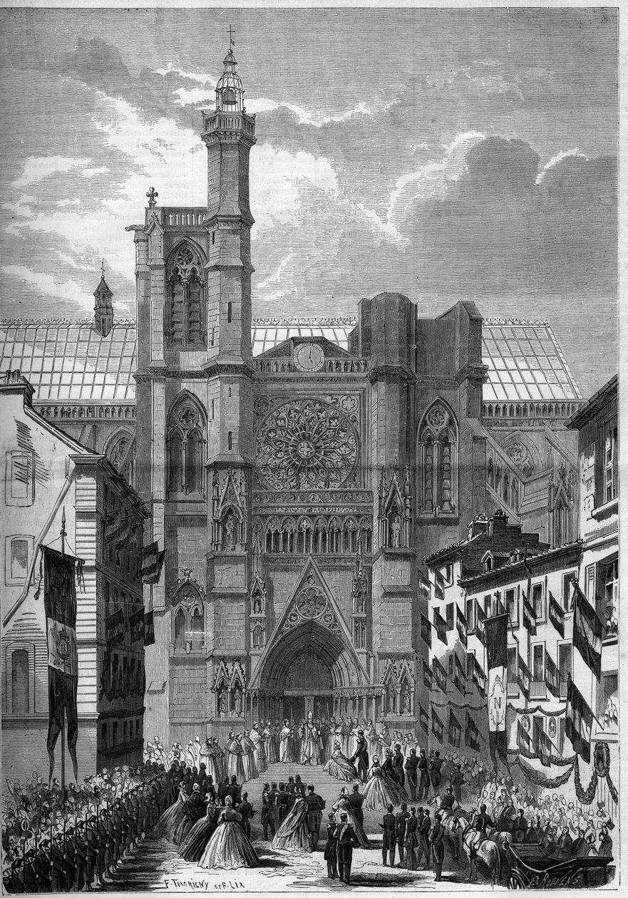 Goottilainen arkkitehtuuri: näkymä Cathedrale Notre Dame de Clermont Ferrand (Clermond-Ferrand), Puy de Dome (63), Napoleon III:n ja impress Eugenie de Montijon vierailun aikana vuonna 1862. Kaiverrus "" Le Monde Illustré" -kirjassa" n °275, 19. heinäkuuta tekijältä French School
