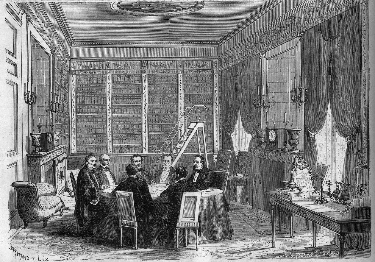 Toisen imperiumin hallitus: ministerineuvosto, jota johti keisari Napoleon III (1808-1873) Compiegnen palatsin kirjastossa tekijältä French School